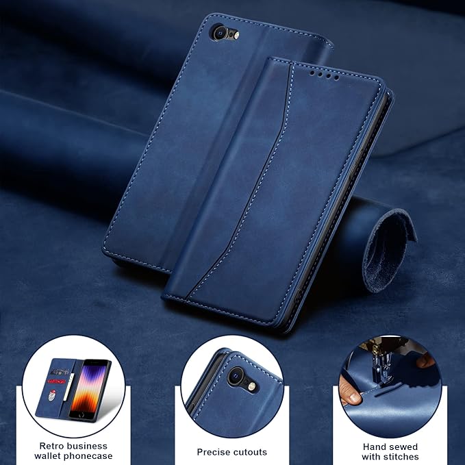 Jasonyu Flip Wallet Case for iPhone SE 2022/2020/8/7,Leather Magnetic Folio Cover with Card Holder,Kickstand - TPU Shockproof Durable Protective Phone Case,Blue