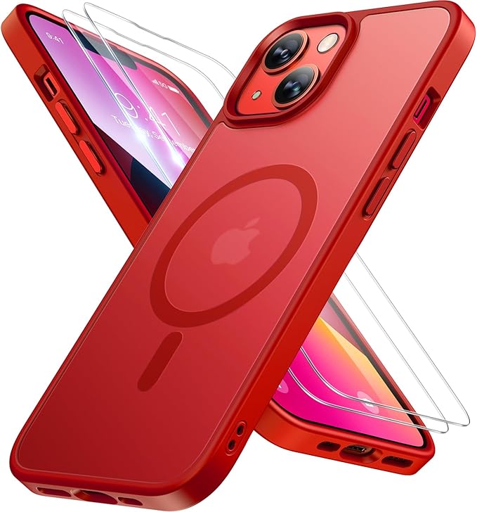 Miracase Magnetic for iPhone 14 Plus Case 6.7 inch (Compatible with MagSafe)（with 2X Screen Protectors） Military-Grade Protection, Anti-Fingerprint Translucent Matte Phone Case Cover, Red