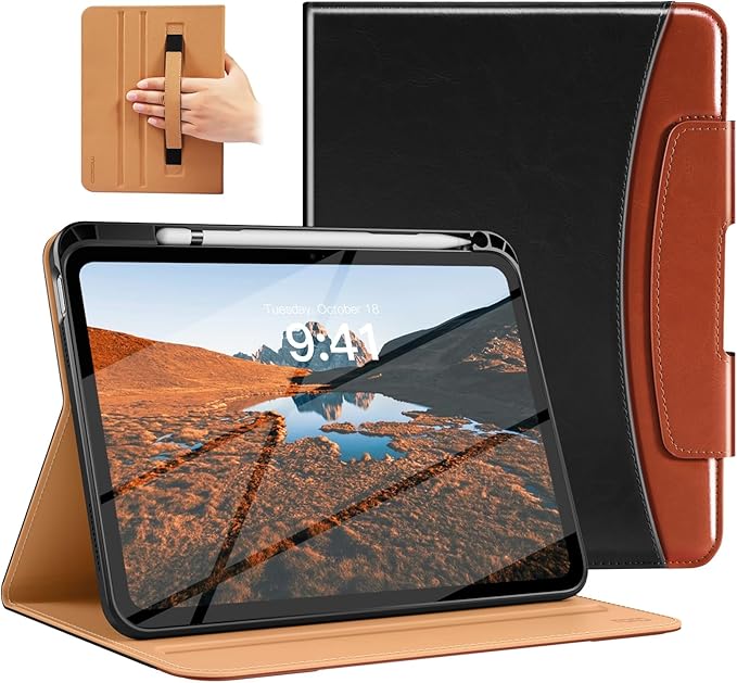 MoKo for iPad (A16) 11th Generation Case 11 inch 2025, iPad 10th Generation Case 10.9" 2022 with Pencil Holder & Pocket, Premium Leather Folio Stand Cover, Multiple Viewing Angles, Black Red Brown