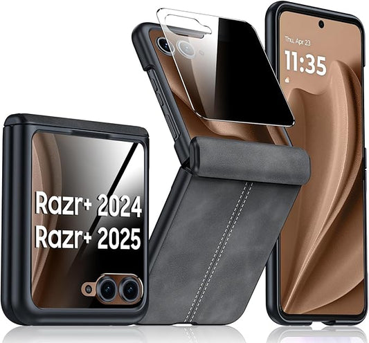 for Motorola Razr+ Plus 2025 Case/Razr+ Plus 2024 Case, Built-in Privacy Screen Protector & Hinge Protection & Ultra Thin Leather PC Shockproof Phone Case for Moto Razr+ 2025/Razr+ 2024 (Black)