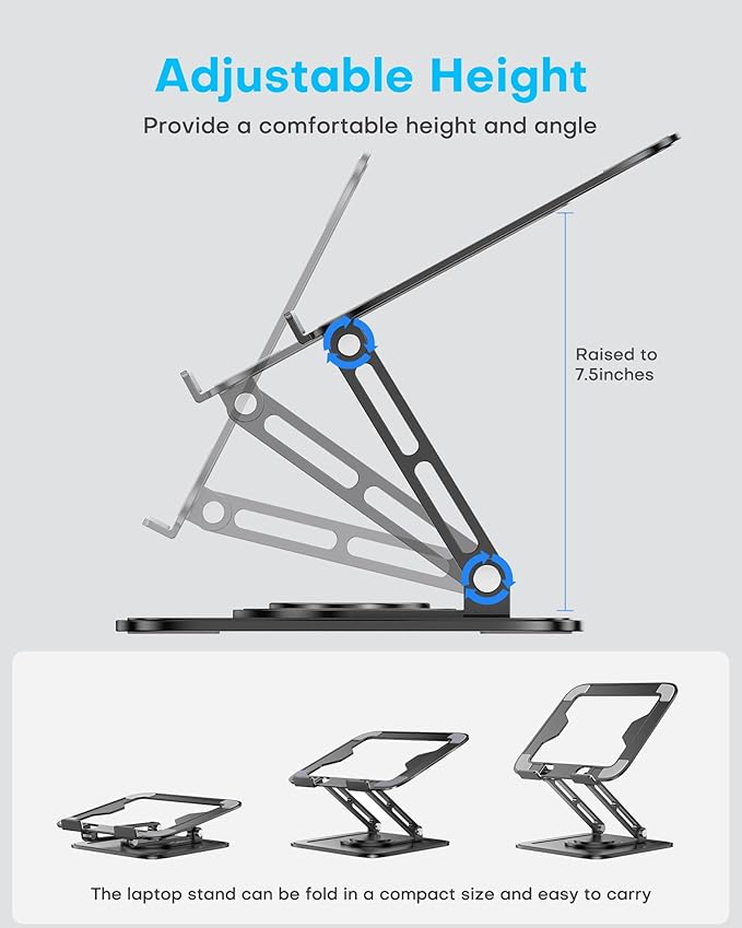 Adjustable Laptop Stand, Computer Stand with 360 Rotating Base, Ergonomic Laptop Riser Mount for Desk Foldable Protable Computer Desk Fits with MacBook Pro Air (10-16") - Black