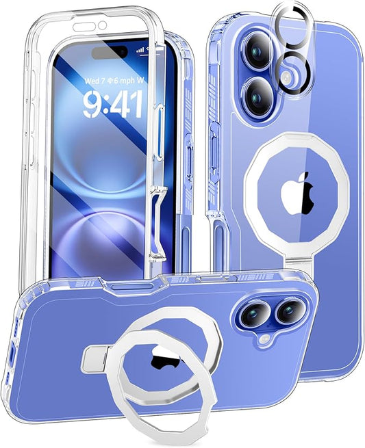 Compatible with iPhone 16 Case, Built-in Screen Protector & Seamless Stand, with Camera Lens Protector, Strong Magnetic Clear Phone Case, Full Body Protective Cover for 6.1" (Clear)