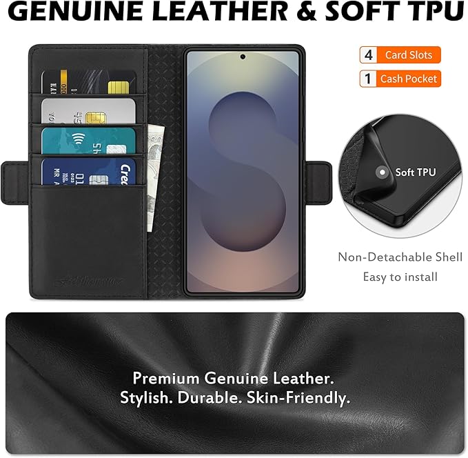 SHIELDON Case for Galaxy S25 Ultra 6.9", Genuine Leather Folio Wallet Case with Kickstand RFID Blocking Card Holder Magnetic Protective Phone Cover Compatible with Galaxy S25 Ultra 2025 - Nappa Black