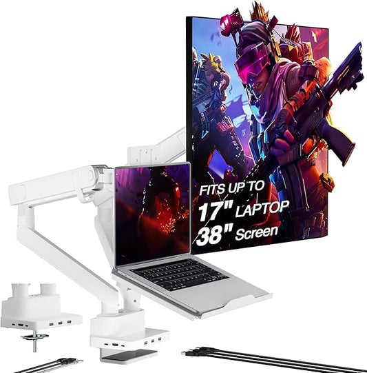 AVLT Dual 17”-38" Monitor Arm Desk Mount with 17" Laptop Tray and USB-C Docking Station, HDMI 4K60Hz, USB-A 5Gbps, Ethernet, 100W PD, Fits Two Flat/Curved Monitor - White