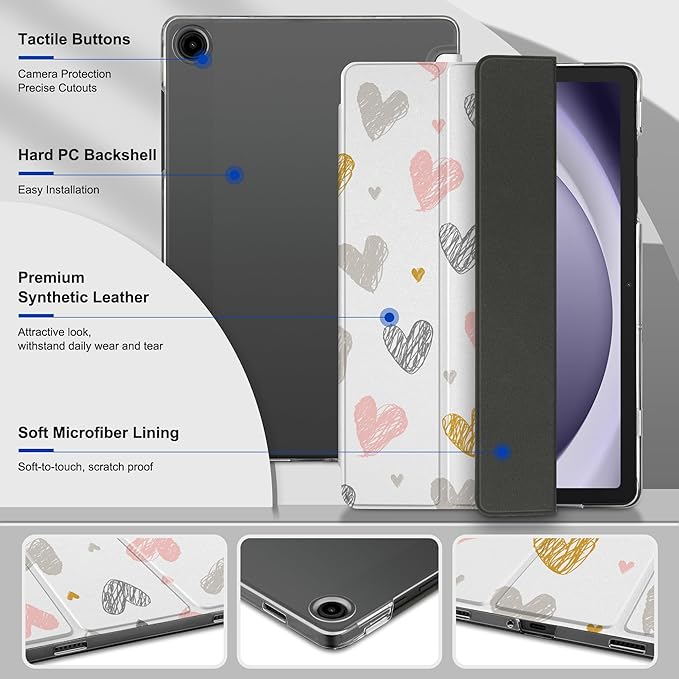DONGKE Case for Samsung Galaxy Tab A9+/A9 Plus 11 inch 2024 2023 (SM-X210/X216/X218), Slim Stand Hard PC Translucent Back Shell Smart Cover, Auto Wake/Sleep - Hearts