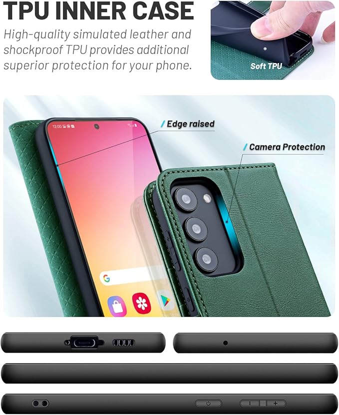 OCASE Compatible with Galaxy S23 5G Wallet Case, PU Leather Flip Folio Case with Card Holders RFID Blocking Kickstand [Shockproof TPU Inner Shell] Phone Cover 6.1 Inch (2023) -Blackish Green