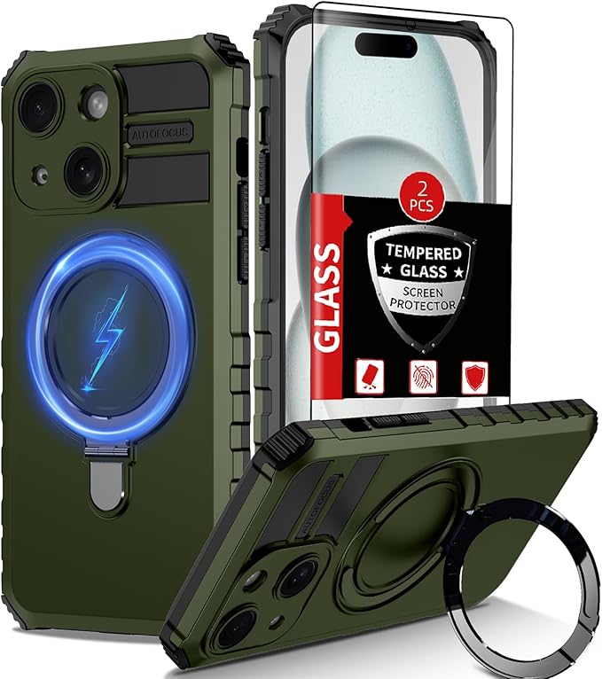 for iPhone 15 Case Magnetic Compatible with MagSafe Wireless Charging,with 2 Screen Protectors,Built-in Kickstand Ring,Shockproof Shock-Absorbent Scratch Resistant Heavy Duty Protection Green