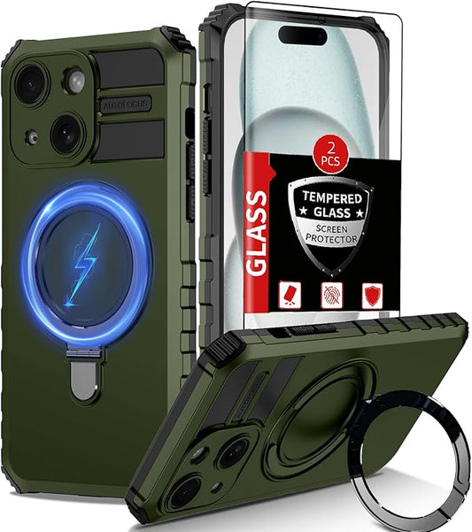 for iPhone 15 Case Magnetic Compatible with MagSafe Wireless Charging,with 2 Screen Protectors,Built-in Kickstand Ring,Shockproof Shock-Absorbent Scratch Resistant Heavy Duty Protection Green