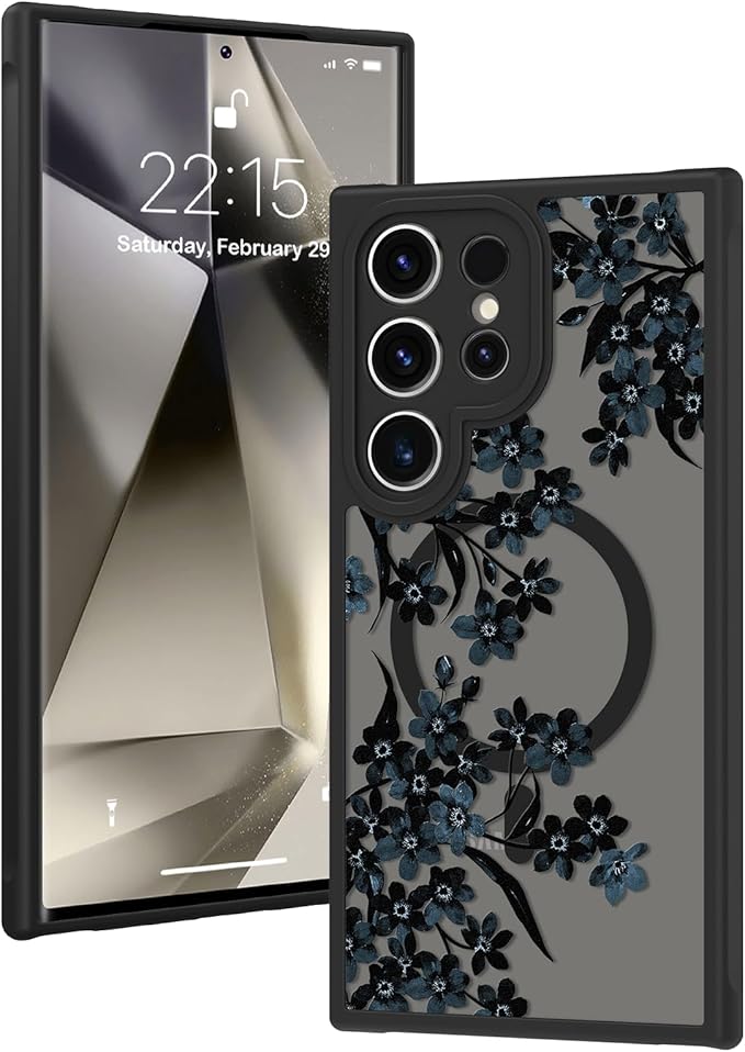 Fiyart Designed for Samsung Galaxy S24 Ultra Case Matte Flowers Design Compatible with MagSafe Wireless Charging,Cute Floral Anti-Scratch Translucent Phone Cover for Women Girls 6.8"-Black