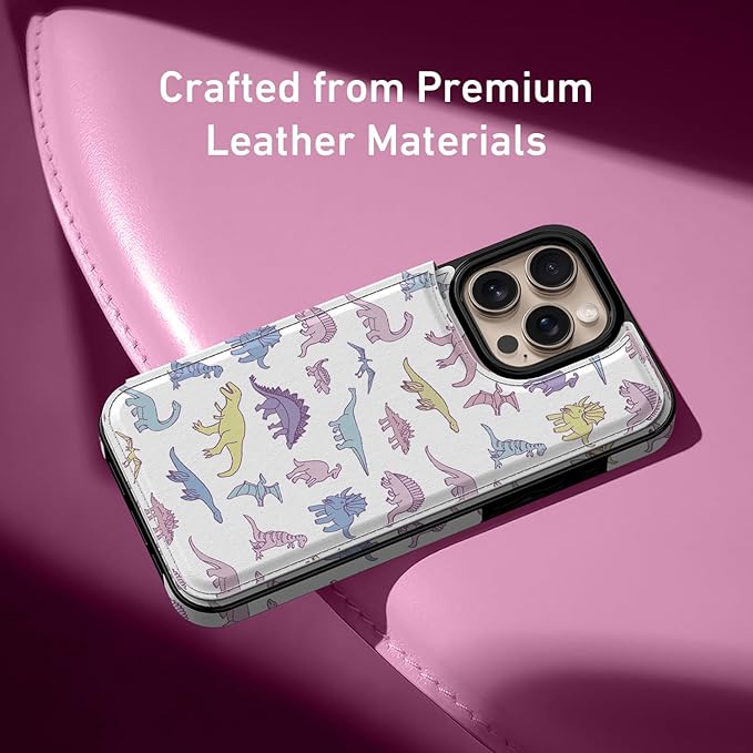 FUNMIKO for iPhone 16 Pro Wallet Case with Card Holder, RFID-Blocking, Military-Grade Protection & UV-Printed Artwork, Magnetic Closure with Leather Kickstand - Vibrantly Cute Dinosaur