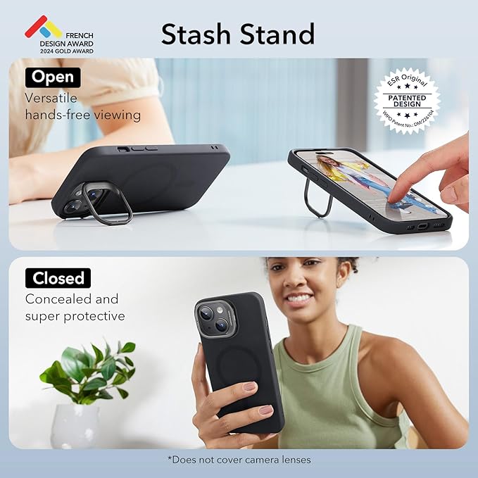 ESR for iPhone 15 Plus Case, MagSafe Silicone Case with Stand, Military-Grade Protection, Built-in Camera Stash Stand, Magnetic Phone Case for iPhone 15 Plus, Cloud Series, Black
