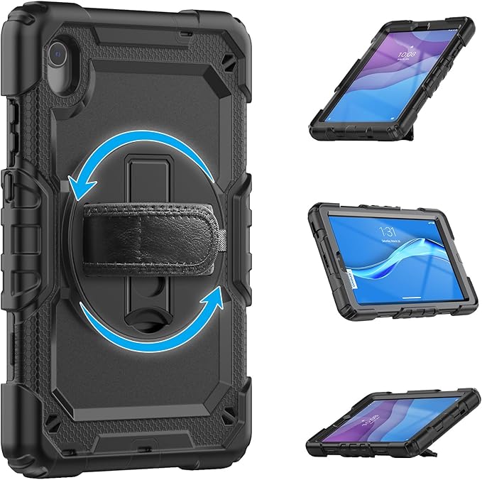 for Lenovo Tab M8 3rd 2022 / M8 (HD/FHD/Smart) 8.0'' (TB-8506FS /8506F TB-8505F / 8505X / 8505FS TB-8705F / 8705N) Case, with Screen Protector, Hand Strap, Shoulder Strap, Rotating Stand Black