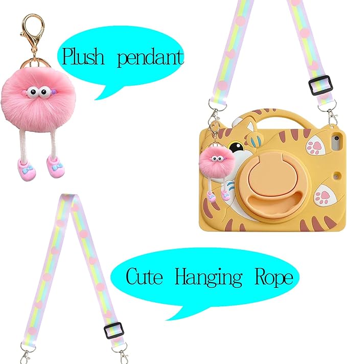 3D Cute Vivid Cat Case for Samsung Galaxy Tab A9 8.7 inch 2023 SM-X110/X115/X117,Kawaii Cartoon Character Pretty Cat Soft Silicone Rotating Stand Case with Lanyard for Kids Teens Girls Women