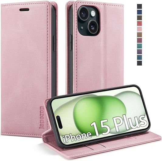 japezop iPhone 15 Plus 5G Wallet Case with RFID Blocking, Card Holder Kickstand Magnetic Leather Flip Case Wallet for iPhone 15 Plus 5G 6.7 Inch(Pink)