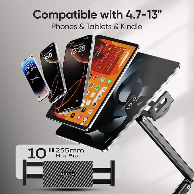 Urmust Tablet Stand for Desk, Adjustable iPad Holder Clamp Mount, 360° Rotation, Sturdy Aluminum Tablet Arm Mount for 4.7"-13" iPad Pro/Air/Mini, iPhone, Galaxy Tab, for Kitchen, Work, Video Call
