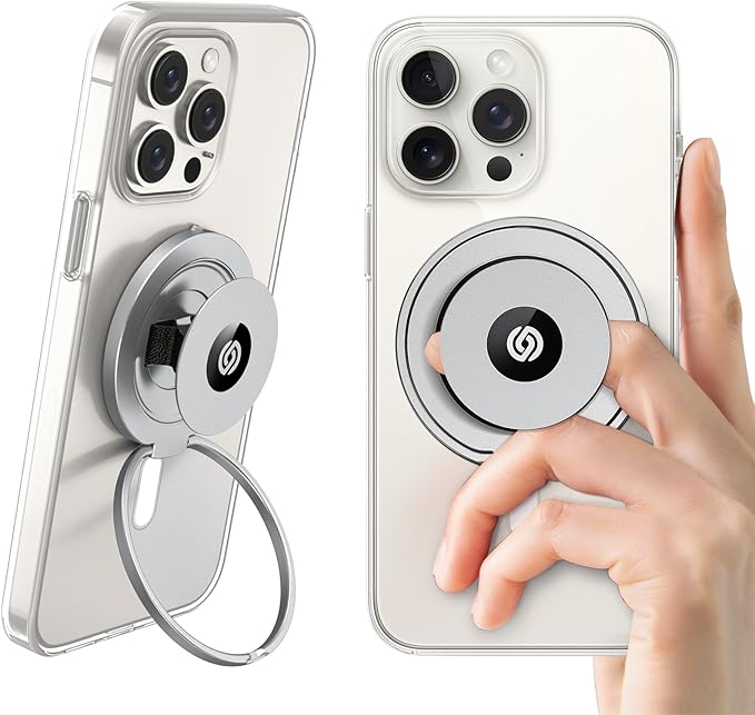 EWA MagOne Ultra (Plate Edition) Phone Grip Stand with Leather Finger Strap, Removable Magnetic Ring Holder Kickstand Loop, Double-Sided Magnetic Accessories for Phone-Silver