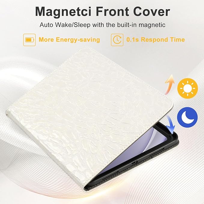 Elegant Case for Samsung Galaxy Tab A9 Plus 11 Inch 2023（Model: SM-X210/X216/X218）, Premium Leather Crocodile Cover | Stand | Card Pockets| Wrist Strap| S Pen Holde (Creamy White)