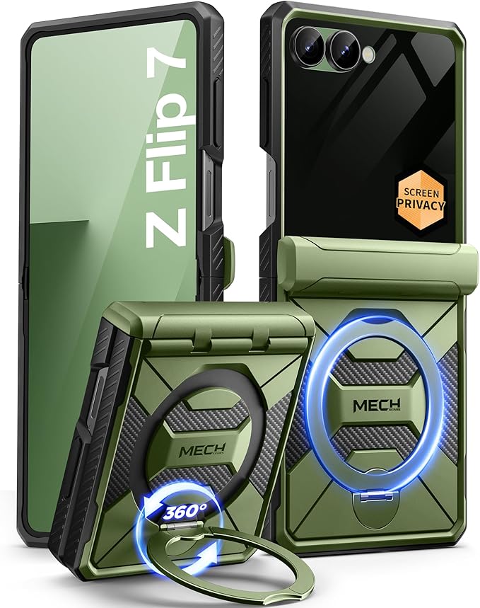 TONGATE 360° Spin Magnetic Stand for Z Flip 7 Case with Privacy Screen Protector, [Compatible with Magsafe] [Anti Spy] Full-Body Shockproof Samsung Galaxy Z Flip 7 Case with Hinge Protection, Green