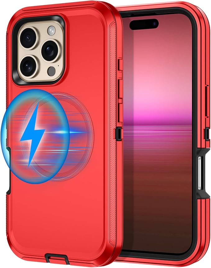 for iPhone 16 Pro Case [Compatible with MagSafe] Shockproof 3-Layer Full Body Protection [Without Screen Protector] Rugged Heavy Duty Cover Case for Apple iPhone 16 Pro 6.3" Red/Black