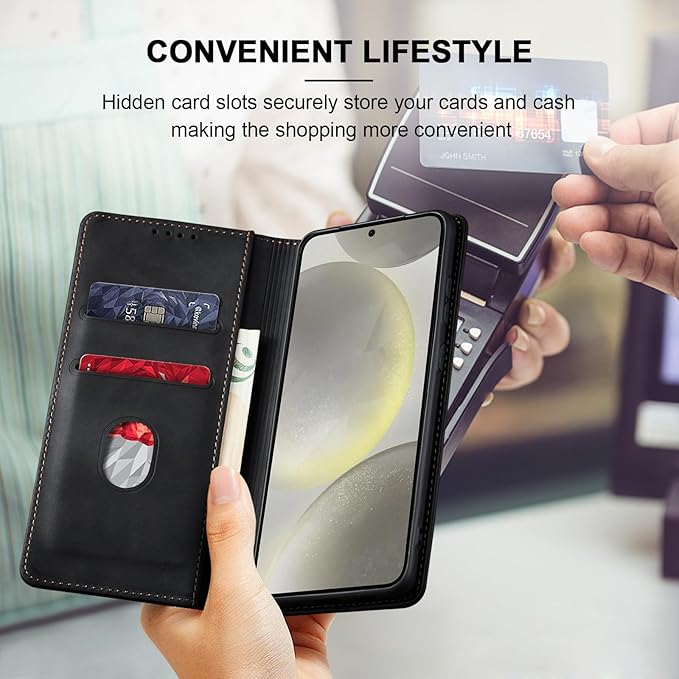 Jasonyu Flip Wallet Case for Samsung S24 Plus/S24+ 5G,Leather Magnetic Folio Cover with Card Holder,Kickstand - TPU Shockproof Durable Protective Phone Case,Black