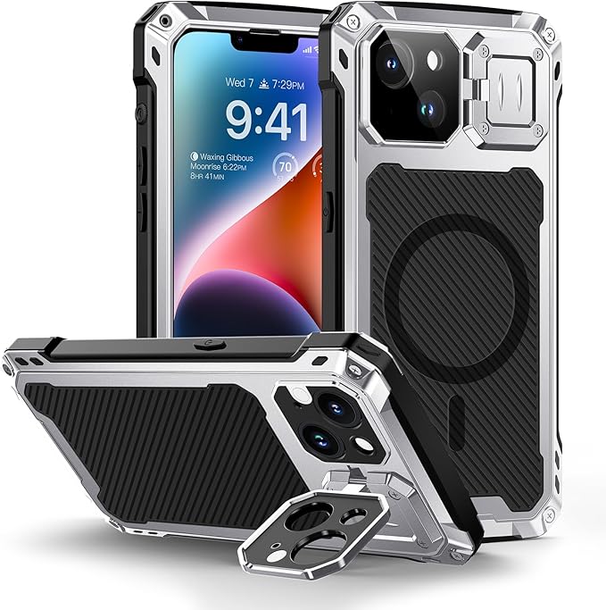 Lanhiem Magnetic for iPhone 14 Metal Case, [Built-in Camera Kickstand & Glass Screen Protector] Heavy Duty Shockproof Full Body Rugged Protective Magsafe Cover for iPhone 14 6.1" (Silver)