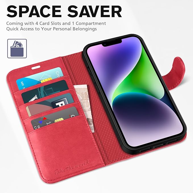 TUCCH Wallet Case for iPhone 14 6.1-inch, [RFID Blocking] [4 Card Slots] TPU Interior Protective Case, Magnetic Folio Shockproof PU Leather Stand Flip Cover Compatible with iPhone 14 6.1 5G, Red