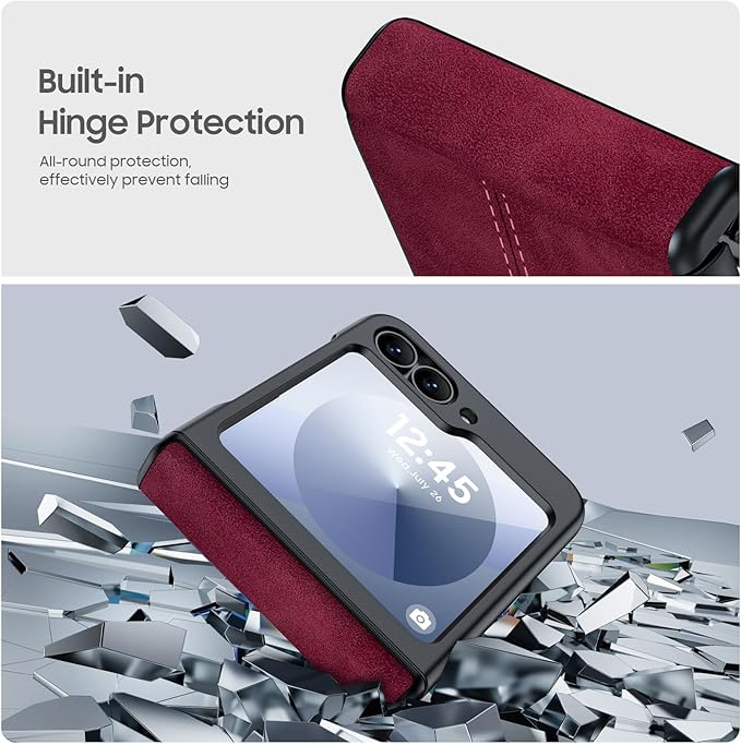 for Samsung Galaxy Z Flip 6 Case/Z Flip 7 FE Case with Hinge Protection & Built-in Screen Protector, Ultra Thin Leather Shockproof Cover Phone Case for Galaxy Z Flip 6/Z Flip 7 FE-Red