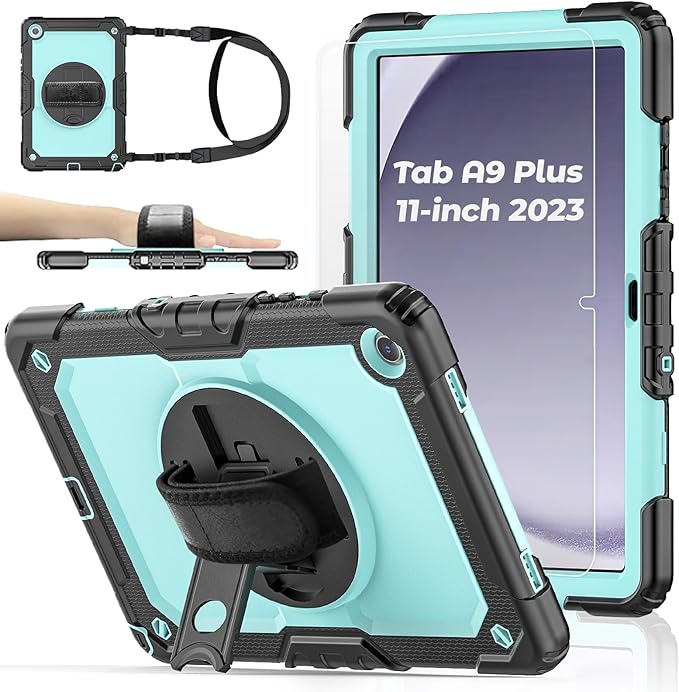 Case for Samsung Galaxy Tab A9+ Plus Tablet Case 11 inch 2023 [with Tempered Glass Screen Protector],360° Rotating Kickstand/S Pen Holder/Shoulder & Hand Strap (SkyBlue)