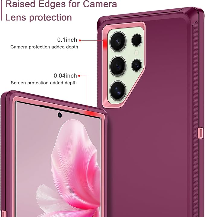 for Samsung Galaxy S24 Ultra Case Heavy Duty Protective Shockproof Dropproof 3-Layer Full Body Protection [Without Screen Protector] Tough Rugged Case for Galaxy S24 Ultra,Purple/Pink