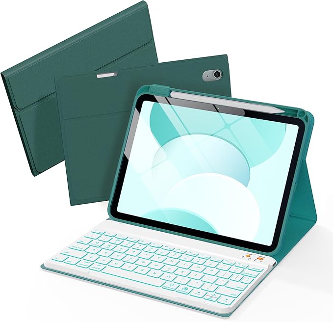 Folio Keyboard Case for iPad 10th Gen 10.9 inch (2022) and iPad 11th (A16, 2025), Magnetic Wireless Detachable Keyboard, 7-Color Backlight, Thin & Light, Pencil Holder (Cyan)
