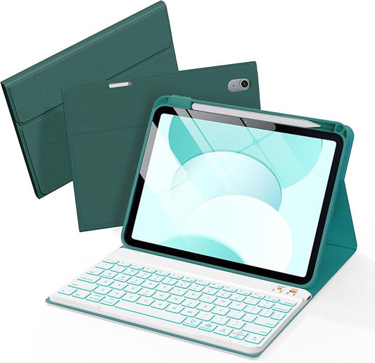 Folio Keyboard Case for iPad 10th Gen 10.9 inch (2022) and iPad 11th (A16, 2025), Magnetic Wireless Detachable Keyboard, 7-Color Backlight, Thin & Light, Pencil Holder (Cyan)
