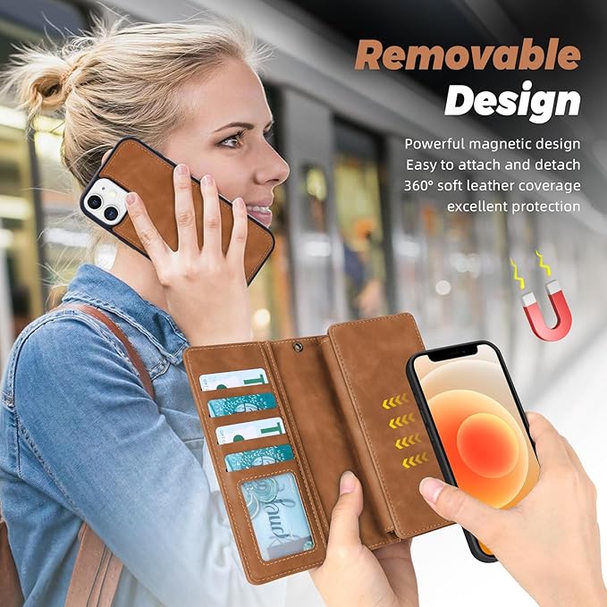 TwoHead for iPhone 12/12 Pro Wallet Case with Card Holder & Detachable Magnetic Phone Case,Leather All-Round Protection Phone Case for Women/Men,6.1IN,Brown