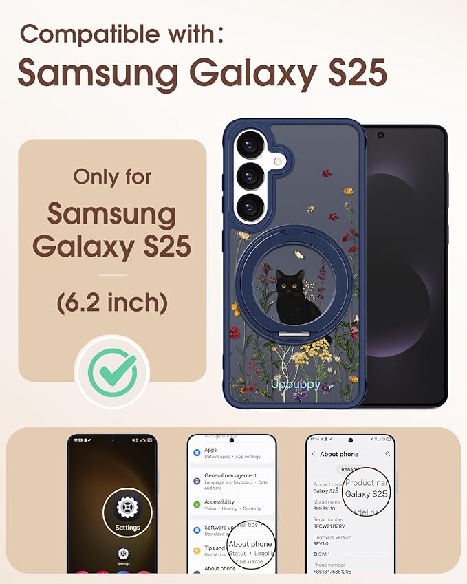 for Samsung Galaxy S25 Case with 360° Rotatable Magnetic Ring - Compatible with MagSafe, Semi-Transparent Anti-Fingerprint Soft-Touch Material Shockproof, Cute Black Cat Design for Women Girl