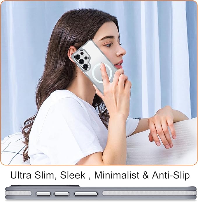 for Samsung Galaxy S25 Ultra Case, Shockproof S25 Ultra Phone Case with Kickstand, Anti-Skid Protective Case Fits for Magsafe, Translucent Hard Back Cover for Galaxy S25 Ultra (Grey/White)