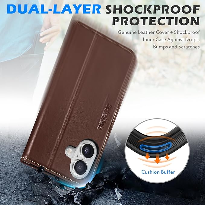 SHIELDON Case Wallet for iPhone 17 5G 6.3-inch 2025 | Genuine Leather | Flip Magnetic Closure | RFID Blocking Credit Card Holder | Kickstand | TPU Shockproof Cover | Retro Coffee