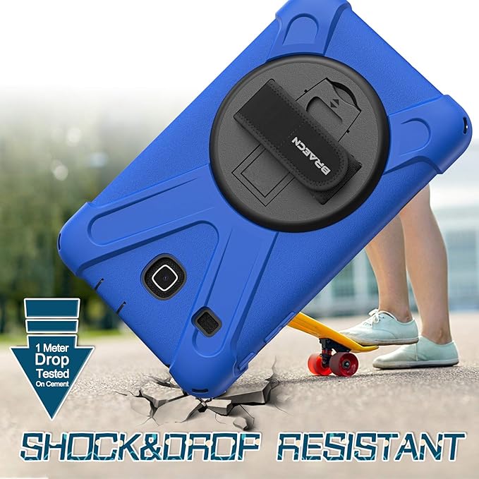 BRAECNstock Samsung Galaxy Tab E 8.0 Case (SM-T375/T377/T378), Heavy Duty Shockproof Protective Cover with 360° Stand&Hand Strap,Shoulder Strap,Samsung SM-T377A/T377V/T378V Tablet Case for Kids,Blue
