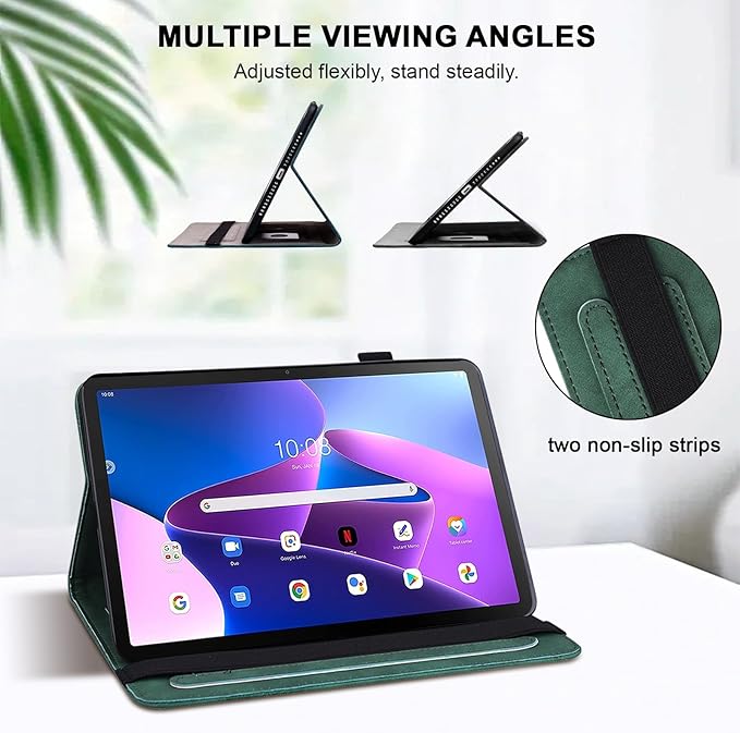 Case for Lenovo Tab M10 Plus 3rd Gen 10.6 Inch 2022 (TB125FU/128FU), Embossed Lace PU Leather Flip Folio Tablet Case with Elastic Band & Card Slots/Holder, Multi-Angle Viewing Stand Cover, Green