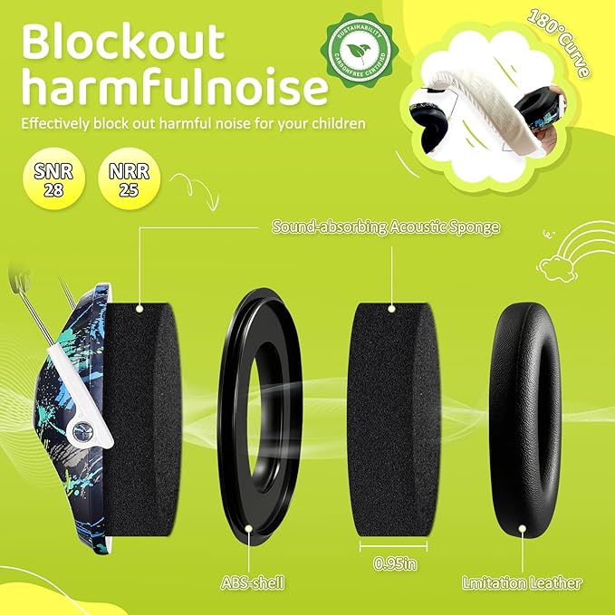 PROHEAR 032 Kids Ear Protection Safety Ear Muffs, NRR 25dB Noise Reduction Childrens Earmuffs, Adjustable Headband Hearing Protectors for Sports Events, Concerts, Racing, Airports - Graffiti Pattern