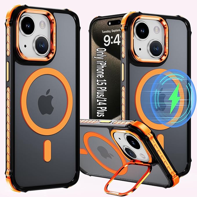 for iPhone 14 Plus/15 Plus Case, 6.7 inch, [Compatible with MagSafe], Built-in Stash Stand, Shockproof Slim Magnetic Phone Case for iPhone 15 Plus/14 Plus Case Orange