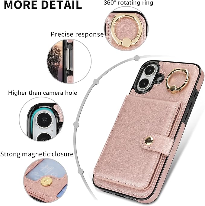 Compatible iPhone 16 Plus Wallet Case with Card Holder RFID Blocking PU Leather Doubles as a Wallet Unisex Flip Shockproof Protection with Card Slots Ring Wrist Kickstand Function,Rose Gold
