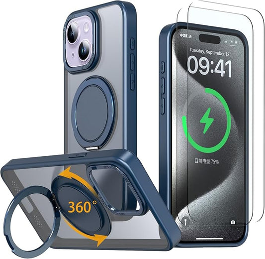 Magnetic Stand Case for iPhone 13/14 [with 2 Tempered Glass Film] [360° Rotation Magnetic Stand] [Compatible with Magsafe] Military-Grade Drop Protection Case, Blue