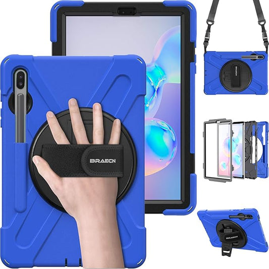 BRAECN for Samsung Galaxy Tab S6 case 10.5 Inch 2019 (with S Pen Holder),Heavy Duty Drop Protection Rugged Case with [Hand Strap][Rotating Stand][Shoulder Strap],No Support Samsung Key Board–Blue