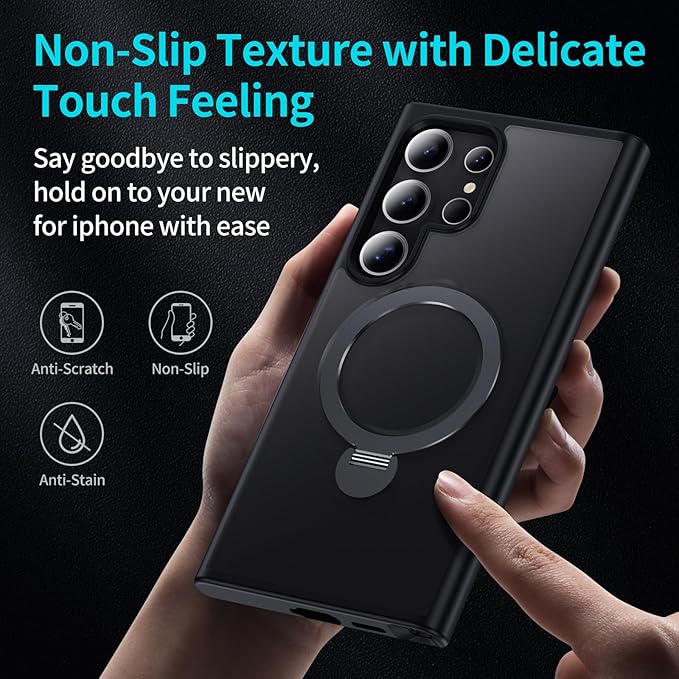 for Samsung Galaxy S24 Ultra Case,Compatible with Magsafe [Wireless Charging],with 360°Rotatable Magnetic Ring Stand,Matte Translucent Slim Soft Edge Phone Kickstand,Black