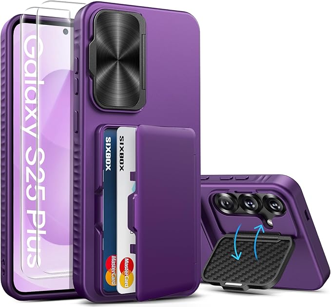 for Samsung Galaxy S25+ Plus Case with Card Holder, Built-in Stand & [2 Pack] Screen Protector & Camera Cover, Rugged Protective Wallet Kickstand Phone Cover Case for S25+ Plus, Dark Purple