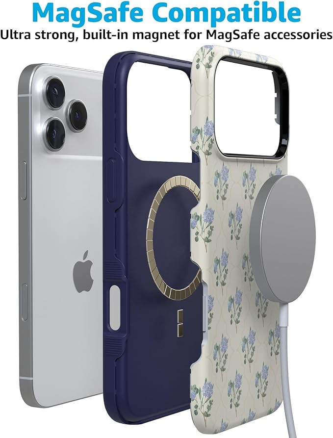 Casely iPhone 17 Pro Case | Vintage Garden | Blue Hydrangea | Compatible with MagSafe | Bold Protective Design