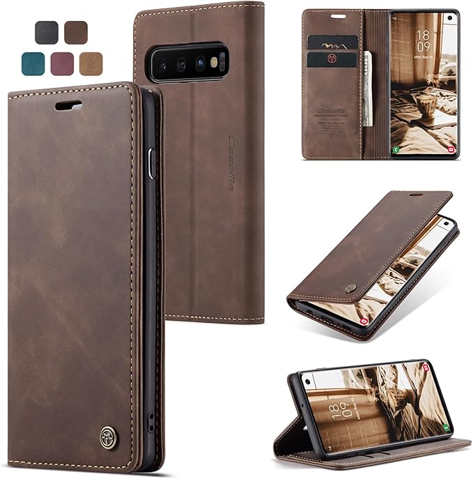 for Samsung Galaxy S10 Case, Flip Wallet Leather Case with Card Holder Magnetic Closure Shockproof Kickstand Protective Phone Cases Cover for Samsung S10,Coffee