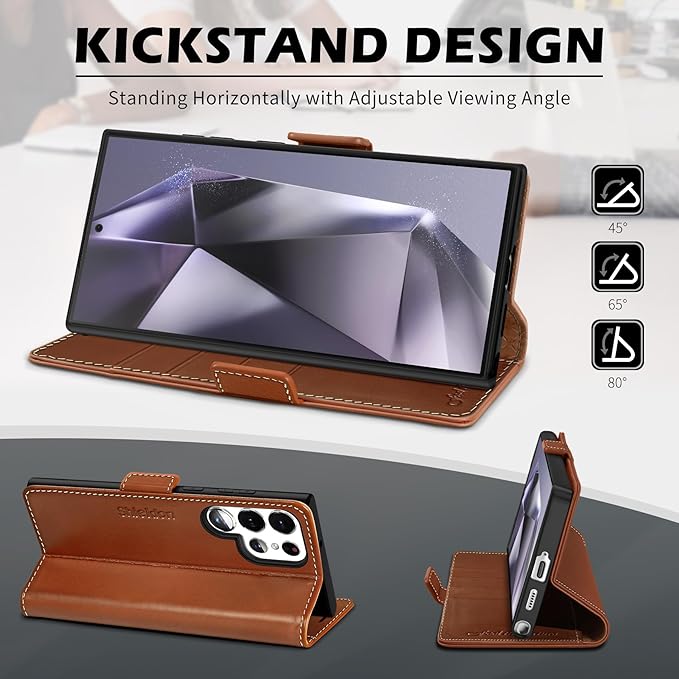 SHIELDON Case for Galaxy S25 Ultra 6.9" 2025, Genuine Leather Flip Wallet Book Case Magnetic RFID Blocking Credit Card Holder Kickstand Shockproof Cover Compatible with Galaxy S25 Ultra - Retro Brown