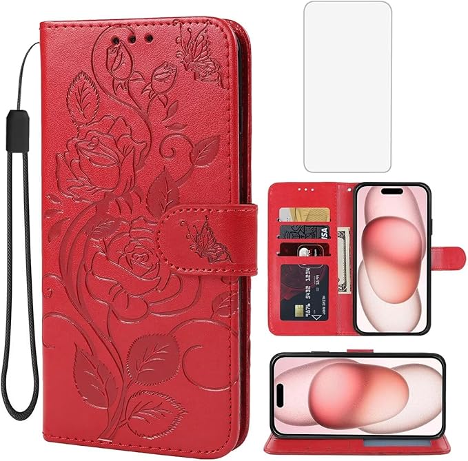 for iPhone 15 Case 6.1", Apple 15 Wallet Case with Tempered Glass Screen Protector, Flower Leather Flip Protective Case Credit Card Holder Stand Phone Cover for iPhone 15 Red