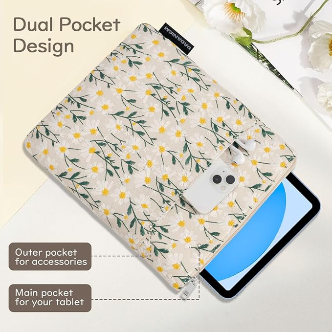 9-11 Inch Embroidered Daisy Padded Carrying Case Protective Tablet Sleeve for iPad A16 11th Gen 11"/10th Gen 10.9", iPad Air 11"/Pro 11"/Air 5th 4th 10.9", Galaxy Tab A9+ Plus 11", Beige