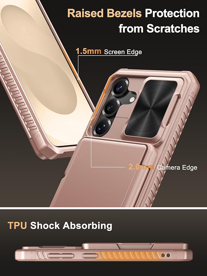 Vihibii for Samsung Galaxy S25 Case with Card Holder (4 Cards), [RFID Blocking] & Slide Camera Cover, Military Grade Drop Protection, Rugged Wallet Case for Samsung Galaxy S25 6.2" 5g 2025, Rose Gold